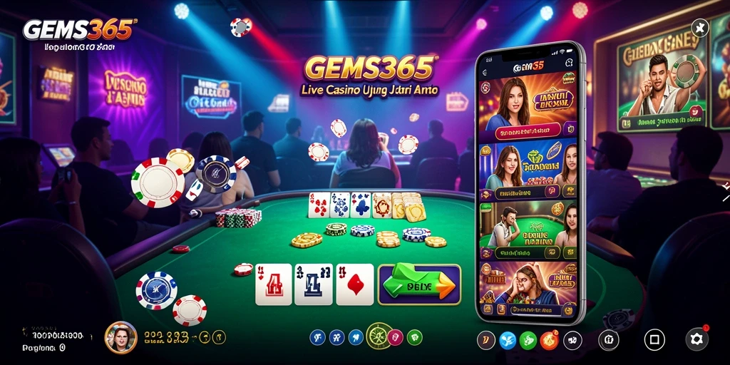 Screenshot gameplay GEMS365 menampilkan dealer langsung dan suasana kasino yang autentik.