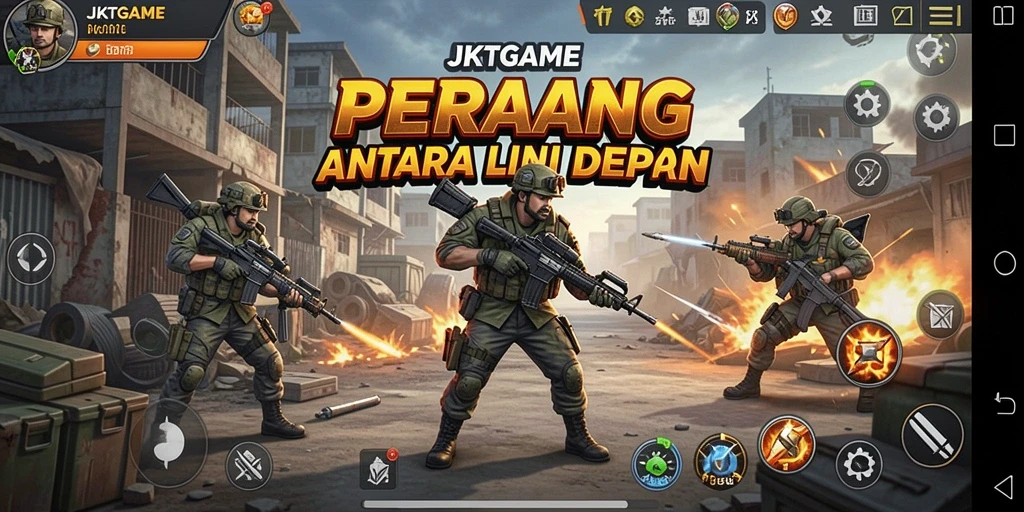 Screenshot gameplay JKTGAME menunjukkan aksi tembak-menembak yang intens.