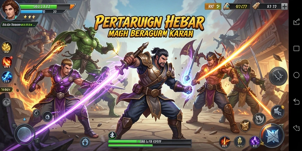Screenshot utama RK77 menampilkan karakter bertarung dengan latar belakang yang menarik.