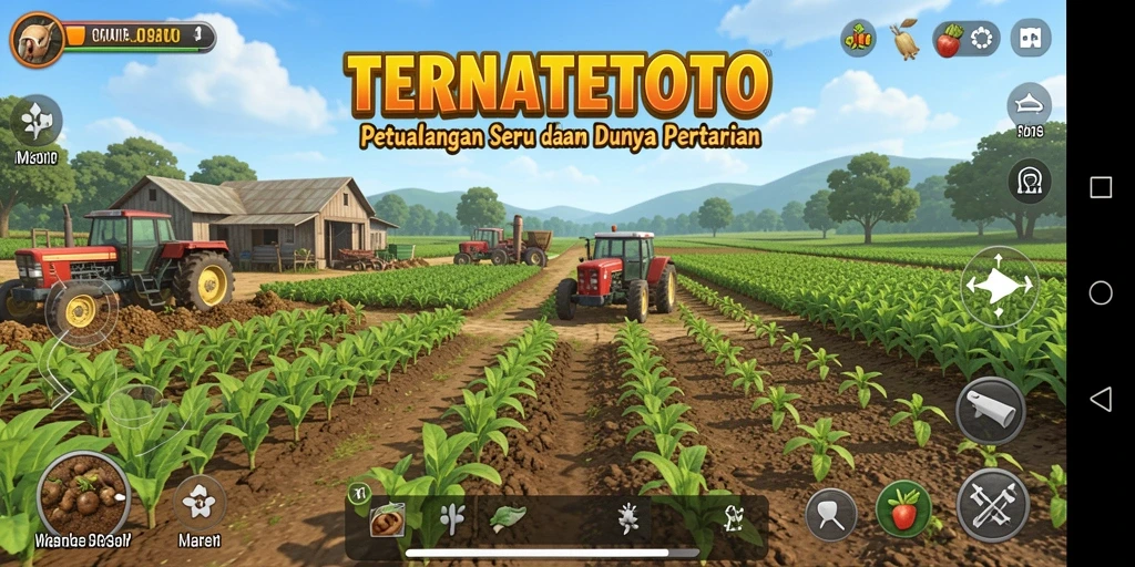 Tampilan gameplay TERNATETOTO saat bercocok tanam di kebun yang indah.