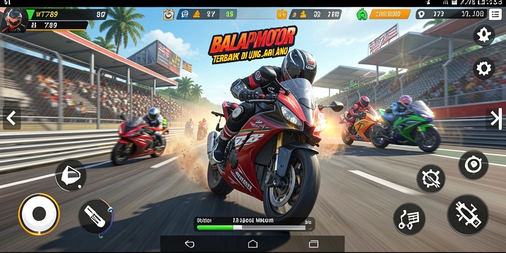 Screenshot utama VT789 menampilkan gameplay balap motor yang seru.